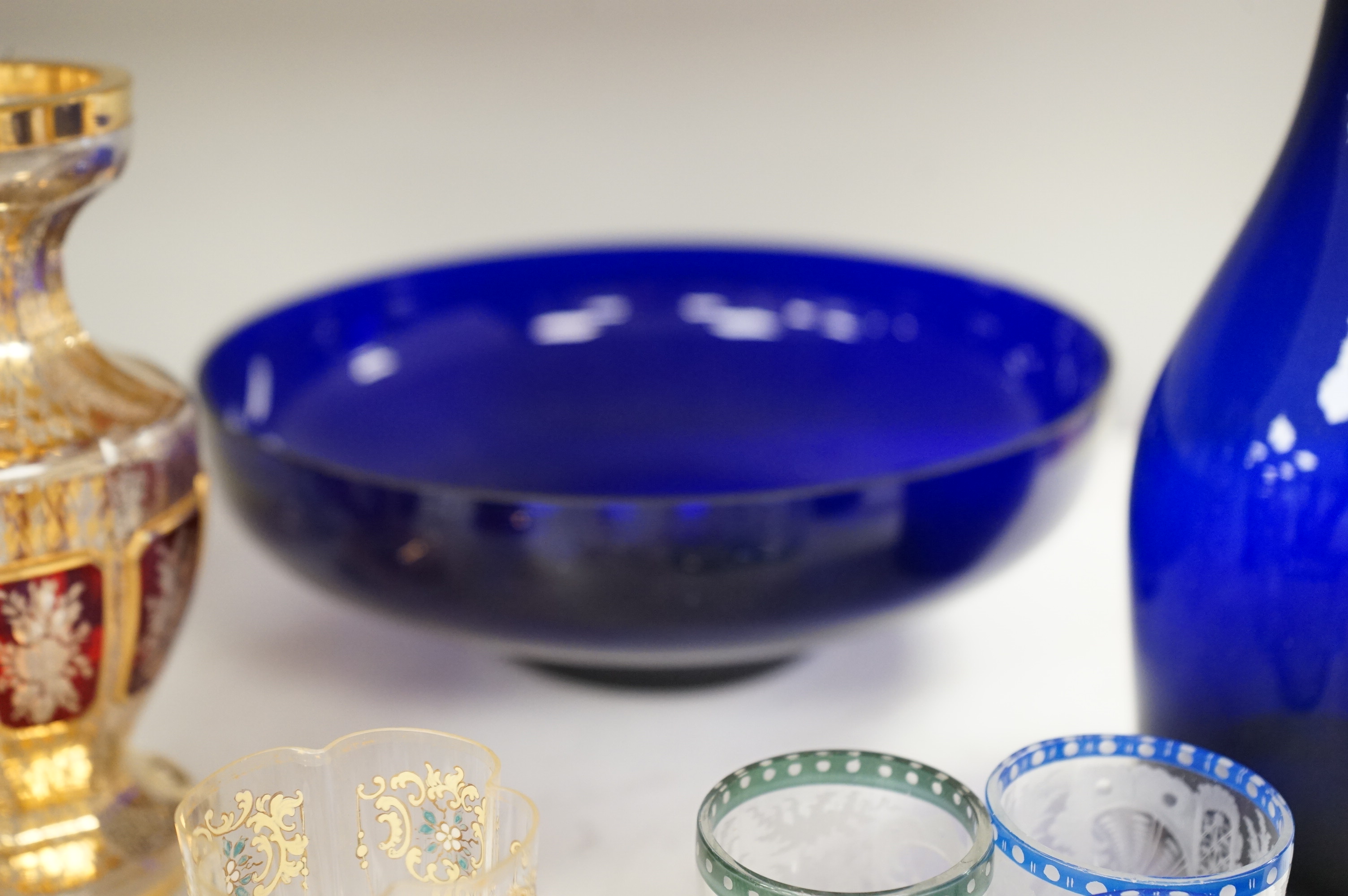 18th century and later glassware including a pair of ‘Bristol’ blue decanters